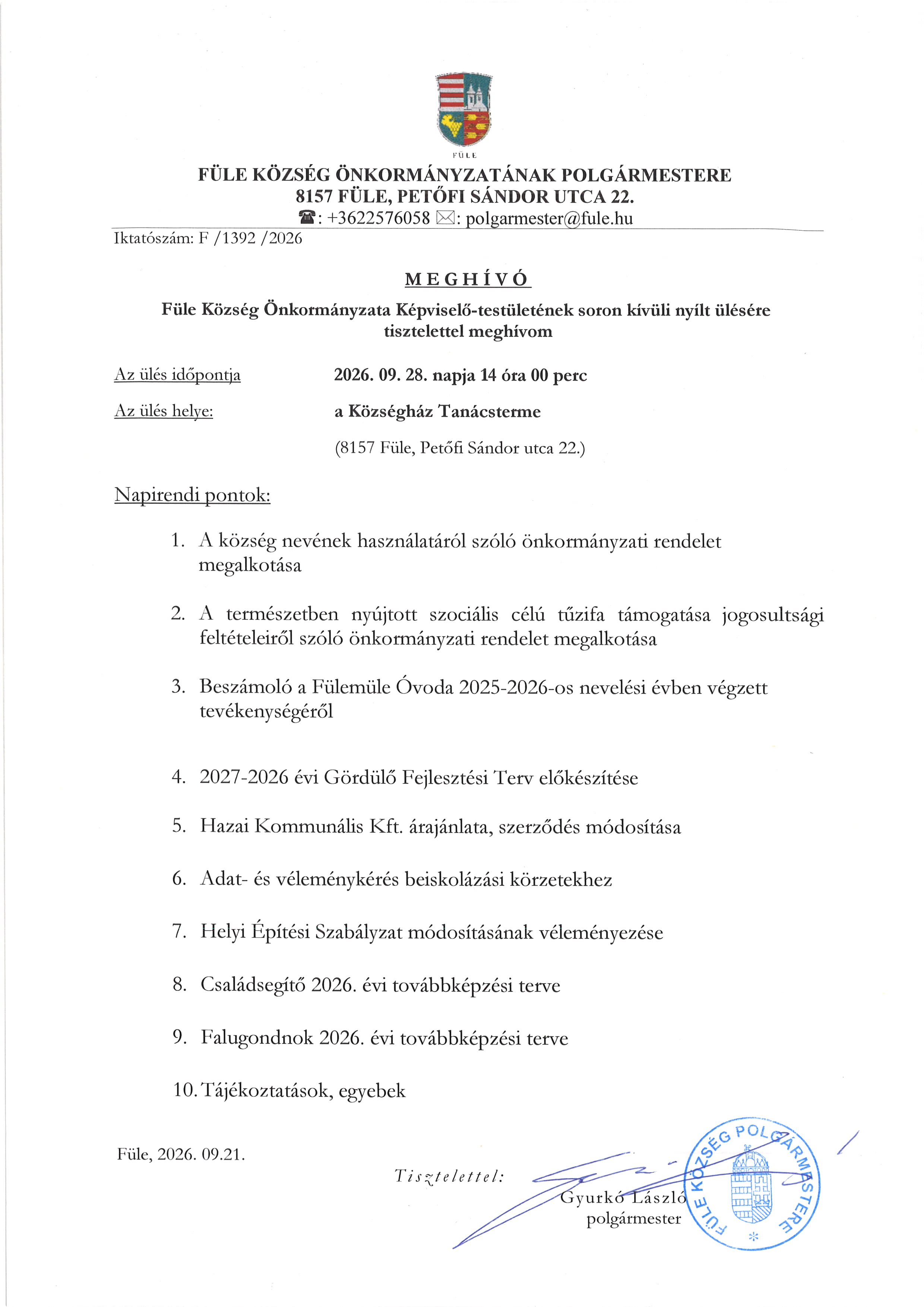 Meghívó Képviselő-testületi ülésre (2026.09.28)