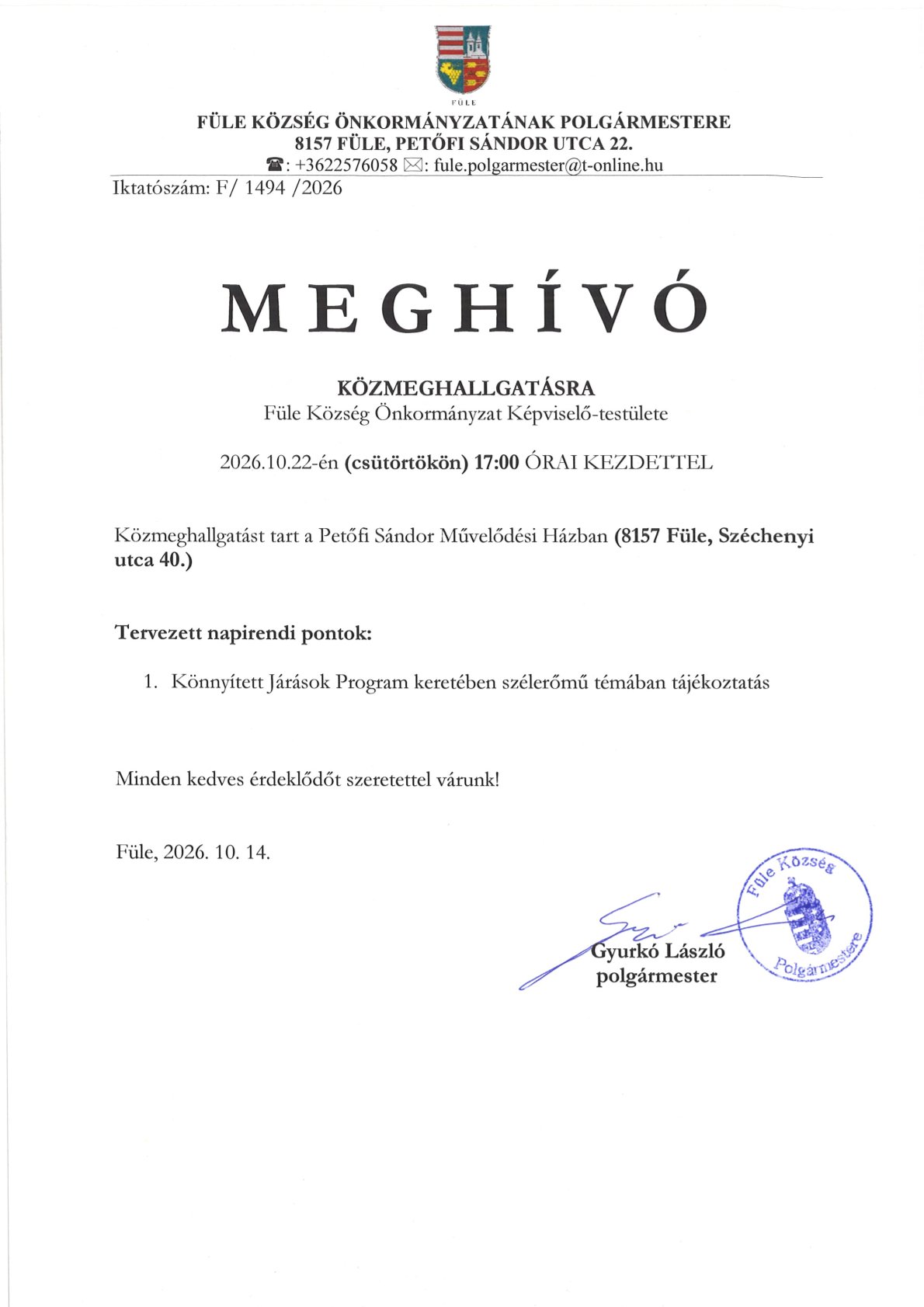 Meghívó közmeghallgatásra